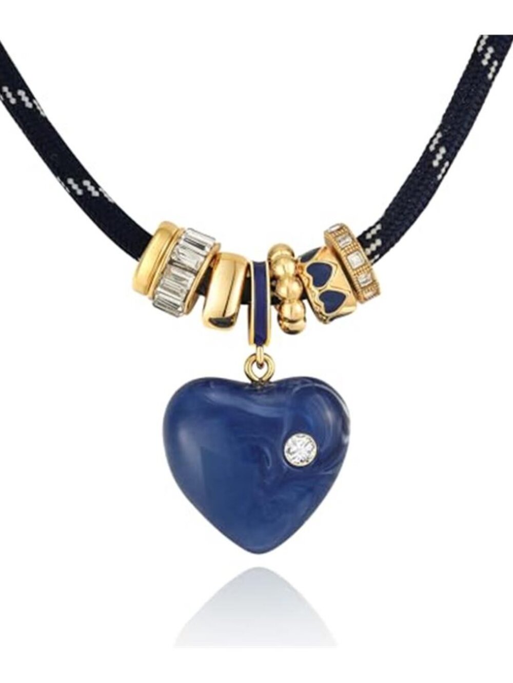 Black Woven Cord Choker Navy Blue Heart Pendant Boho Necklace for Women